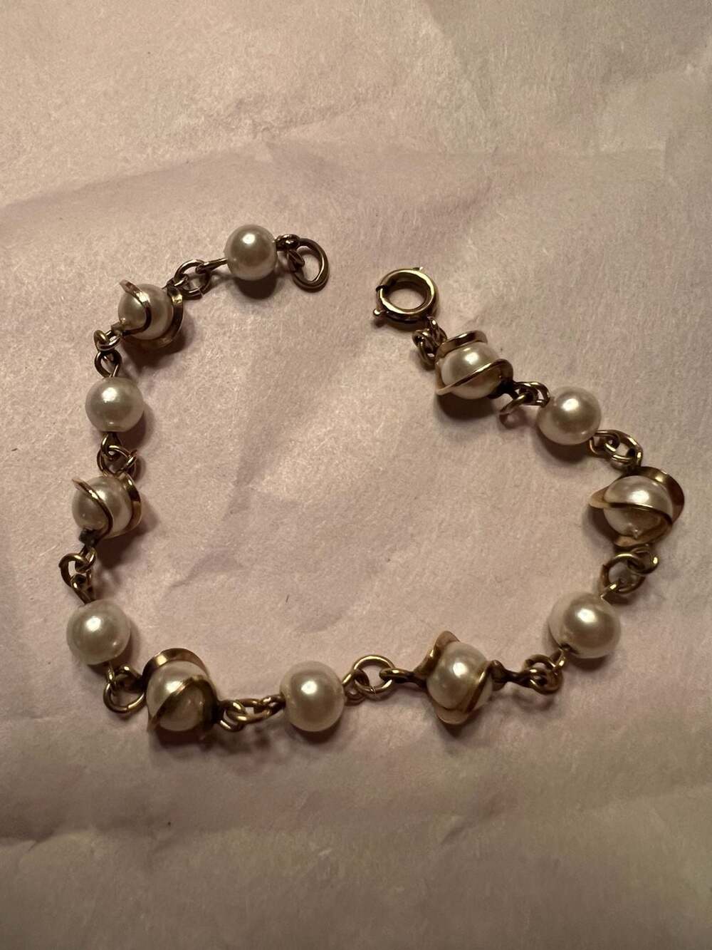 Vintage 1/20 12K Gold Filled Pearl Link Bracelet Size 7.5